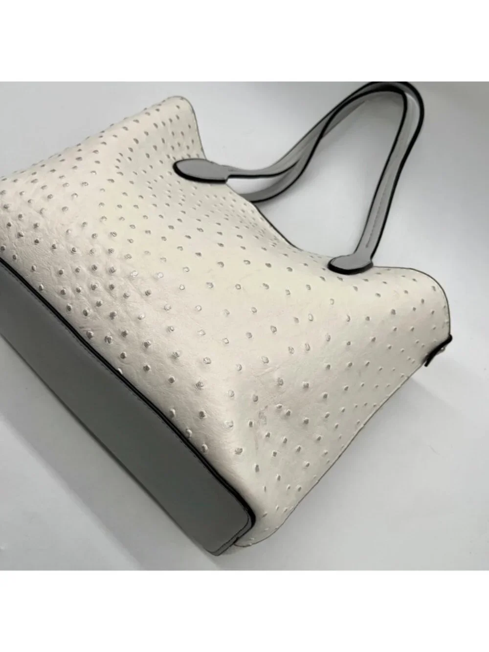 Beige Ostrich-Embossed Faux Leather Tote Bag